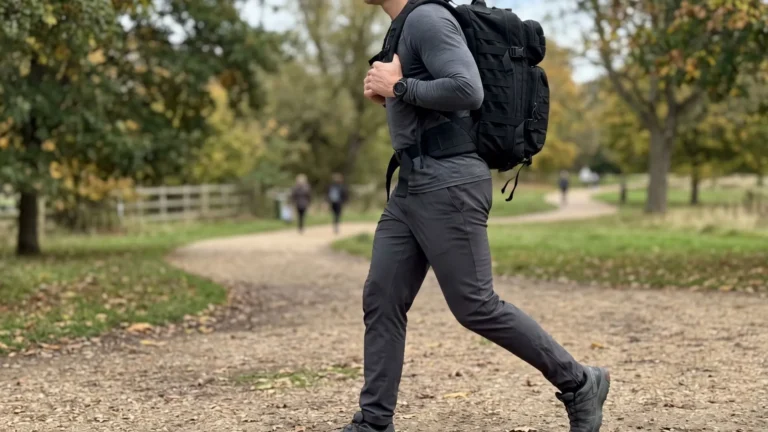 Side view of man briskly rucking with weighted backpack on track showing THE BENEFITS OF Rucking for Heart Health.