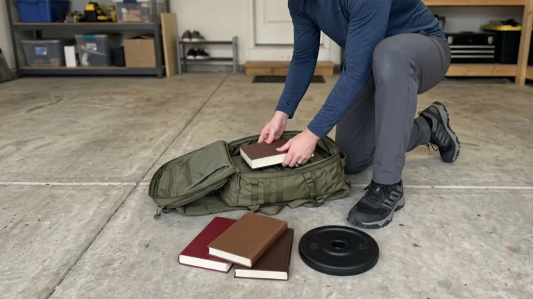 How Much Weight Should a Beginner Start With for rucking shown by beginner loading light weight into backpack safely.