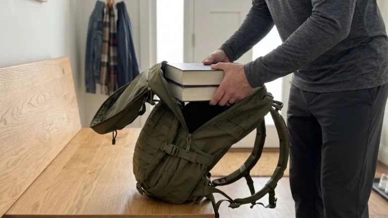 Man placing books into backpack at home to begin beginner rucking weight loss workout.