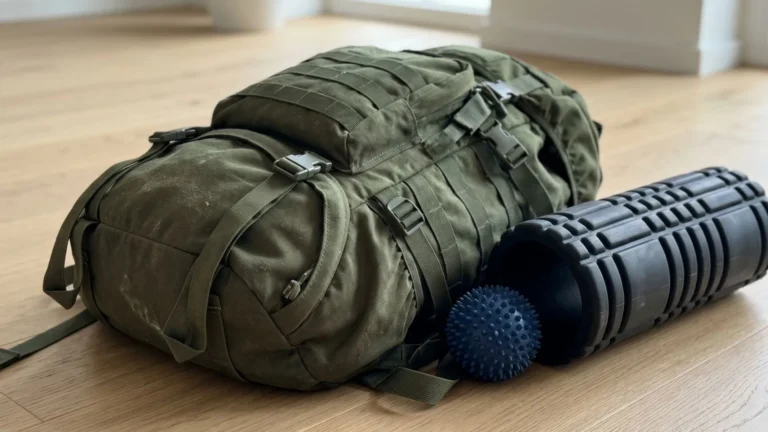 Rucksack beside foam roller and trail shoes showing recovery tools used to prevent rucking injuries and soreness.