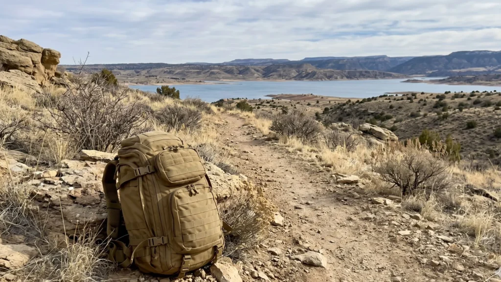 Weighted backpack beside rugged Pueblo Colorado trail with lake and mountain scenery for rucking training.