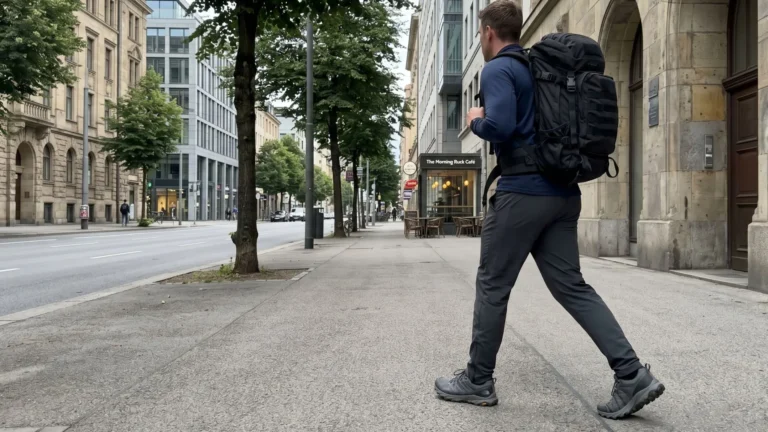 Man checking smartwatch while rucking on track showing how to measure rucking pace and track performance.