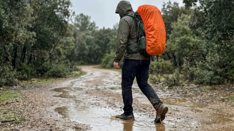 Man rucking in rain with backpack cover on wet trail showing safe wet weather rucking and gear protection.