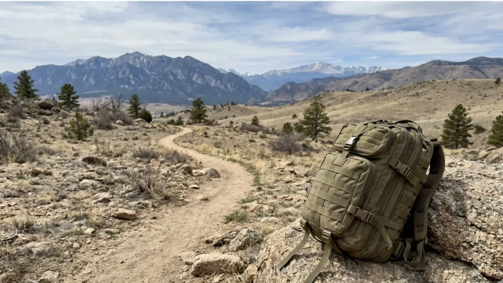 Rucksack placed beside mountain trail showing scenic rucking route and outdoor training environment