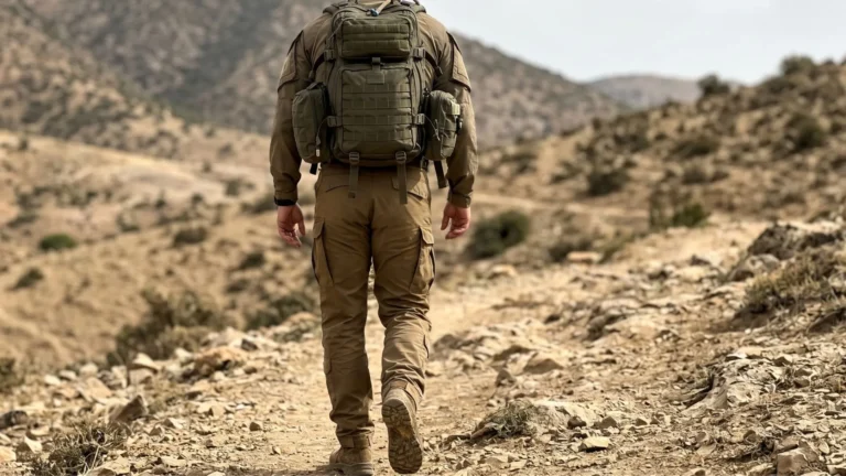 Rear view of tactical athlete rucking with heavy backpack across rugged terrain during endurance training.