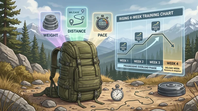 A clean, modern infographic-style illustration showing the science of progressive overload in rucking.