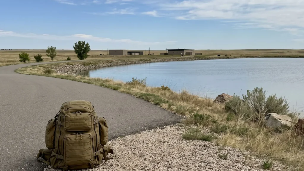 Weighted backpack beside reservoir trail in Aurora Colorado showing flat terrain for long distance rucking training.
