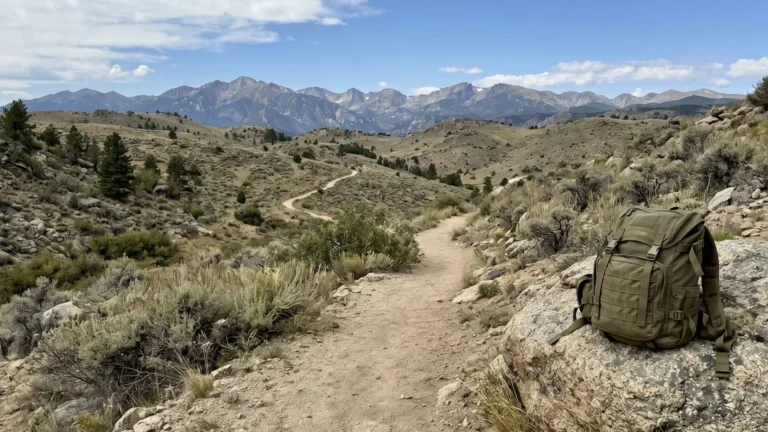 Rucksack placed beside mountain trail showing scenic rucking route and outdoor training environment.
