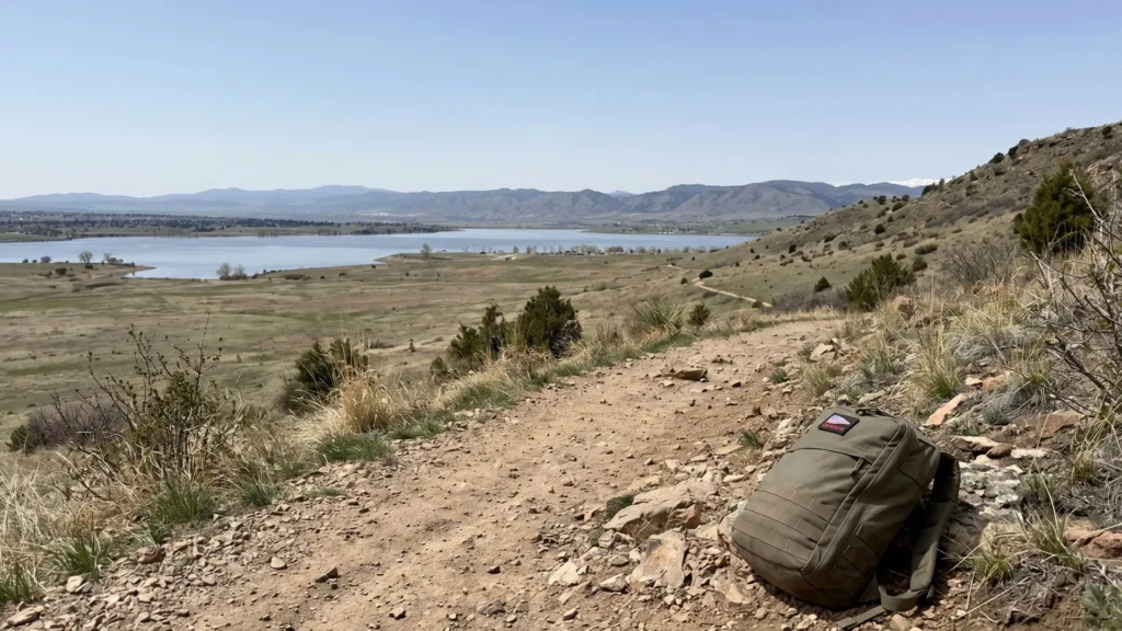 Weighted backpack beside rugged Littleton Colorado foothill trail with reservoir and mountain scenery for rucking training.
