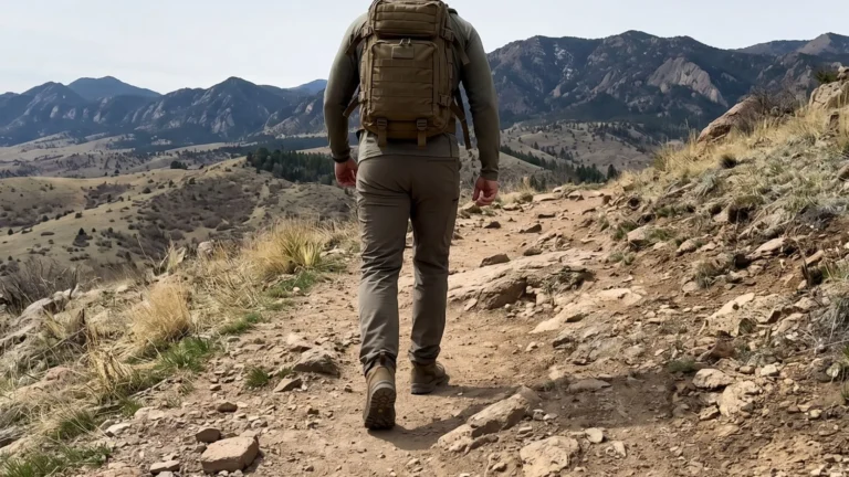 Rear view of man rucking uphill with weighted backpack on rugged Fort Collins foothills trail.