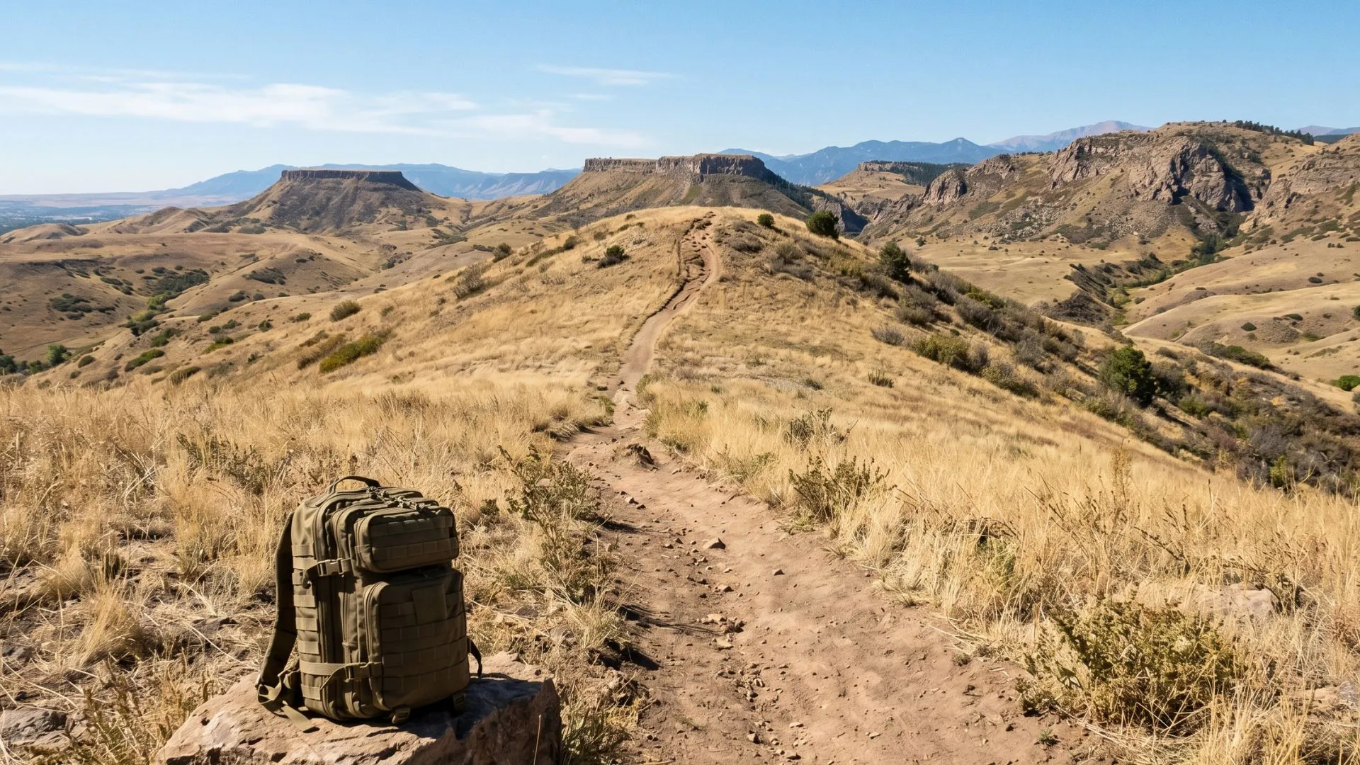 Scenic rocky mesa trail in Golden Colorado with steep dirt climbing path, rugged foothills terrain, and wide mountain views for rucking training, no people or animals visible.