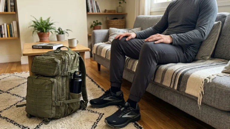 Can You Ruck Every Day? Man resting on couch with rucking backpack beside him showing recovery and avoiding overtraining after rucking.
