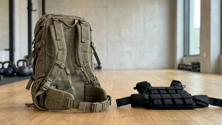 Weighted vest beside rucksack showing comparison between two types of weighted fitness gear for training.