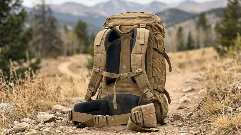 Weighted backpack standing on outdoor trail prepared for rucking training and endurance walking.