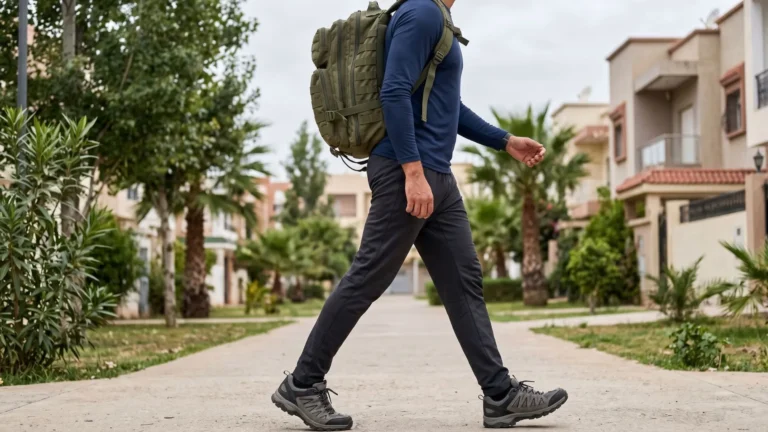 Rucking for weight loss shown by man power walking with weighted backpack on neighborhood path.